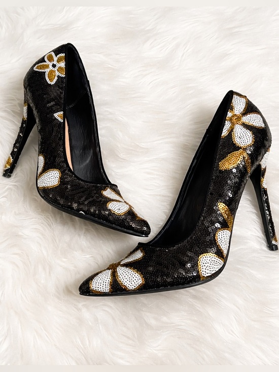 JustFab Shoes - JustFab Black Sequin Floral Stiletto Heels Size 10 Statement Party Pumps